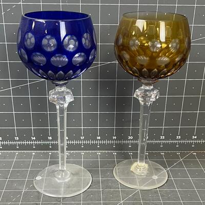 2 Cut Glass / Crystal Colored Wine Glass 