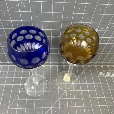 2 Cut Glass / Crystal Colored Wine Glass 