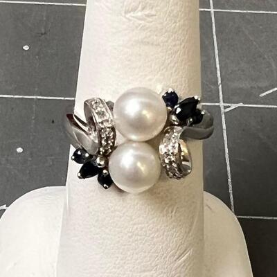 10 Karat White Gold, Pearl and Sapphire 4.5 Grams