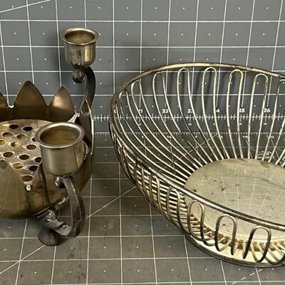Silver Candle Holder and Basket (2) 