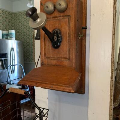 Antique Wall Phone, Wire Baskets and Onion Bucket
