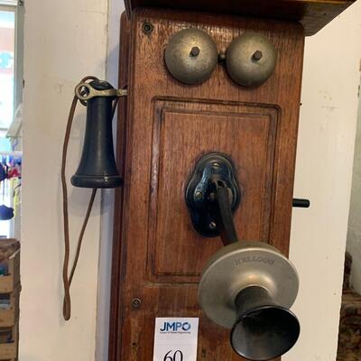 Antique Wall Phone, Wire Baskets and Onion Bucket