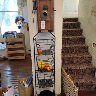 Antique Wall Phone, Wire Baskets and Onion Bucket