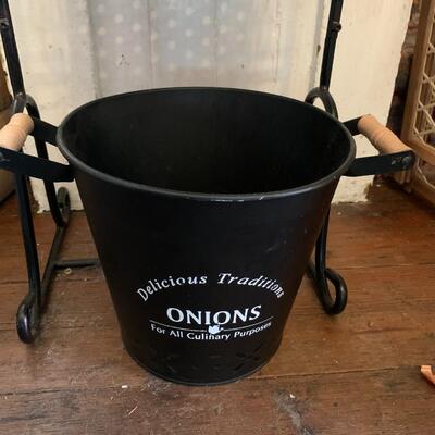 Antique Wall Phone, Wire Baskets and Onion Bucket
