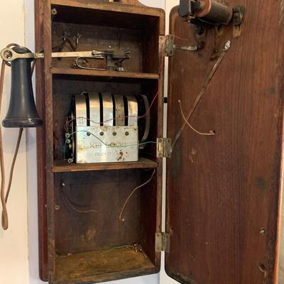 Antique Wall Phone, Wire Baskets and Onion Bucket