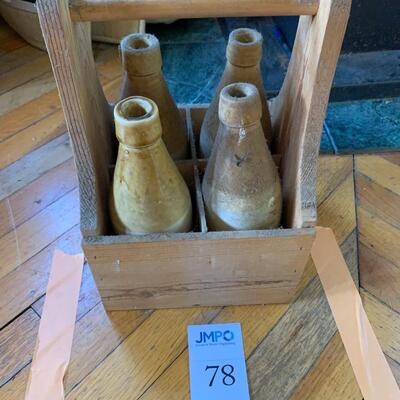 4 Antique J. Macintyre & Co Clay Bottles in Wood Crate with Handle