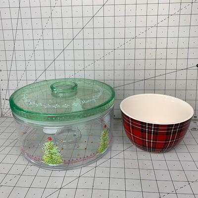 #159 Christmas Food Container & Plaid Bowl