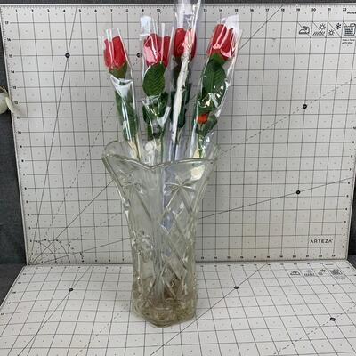 #235 Plastic Roses & Crystal Vase