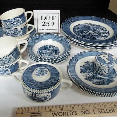 Set of 4 Currier and Ives Dinner Plates, Bowls, Cup/Saucers and Extras