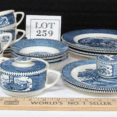 Set of 4 Currier and Ives Dinner Plates, Bowls, Cup/Saucers and Extras