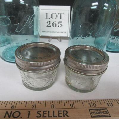 4 Old Teal Canning Jars and 2 Small clear Jars