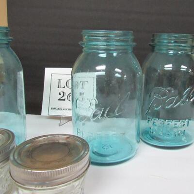 4 Old Teal Canning Jars and 2 Small clear Jars