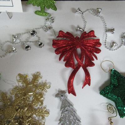 Misc Lot of Glittery Christmas Ornaments and Very Long Bell Garland