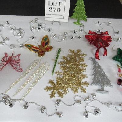 Misc Lot of Glittery Christmas Ornaments and Very Long Bell Garland