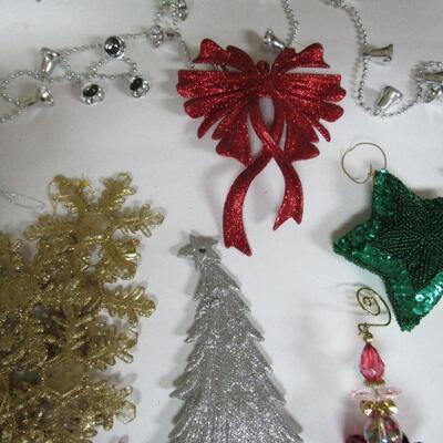 Misc Lot of Glittery Christmas Ornaments and Very Long Bell Garland