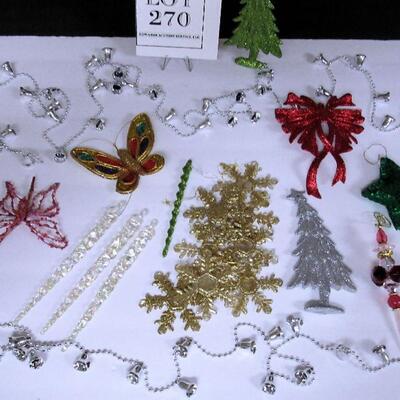 Misc Lot of Glittery Christmas Ornaments and Very Long Bell Garland