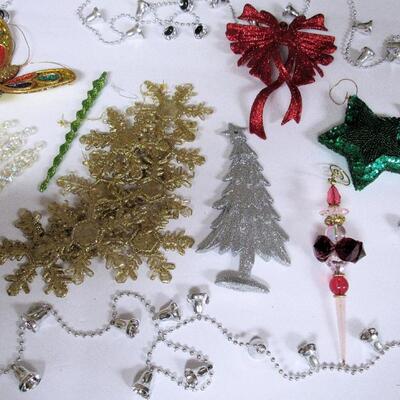 Misc Lot of Glittery Christmas Ornaments and Very Long Bell Garland