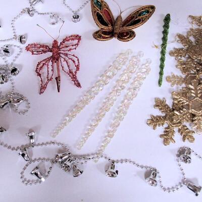 Misc Lot of Glittery Christmas Ornaments and Very Long Bell Garland