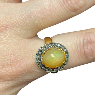 Sterling Gold Tone Opal & Diamond Chips Ring, Size 6.75