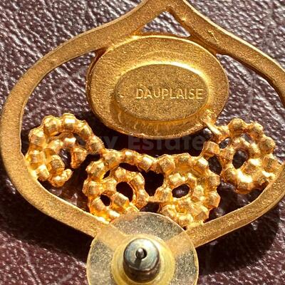 Vintage Dauplaise post earrings; gold tone with red glass cabochon
