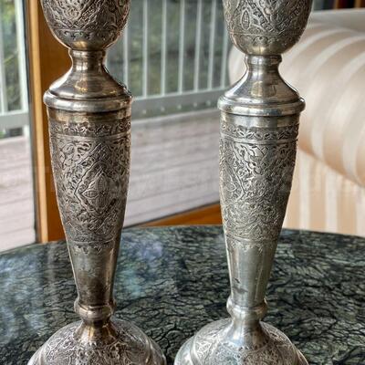 Hand Chased Persian 84 Silver Candlesticks