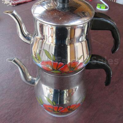 Red flower stainless steel Turkish Teapot