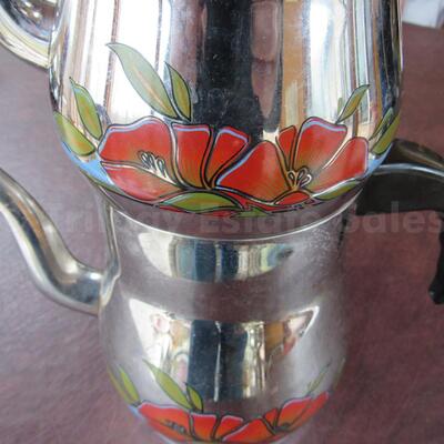 Red flower stainless steel Turkish Teapot