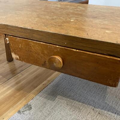 Primitive Oak Bench Style Coffee Table with Drawer