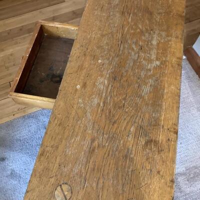 Primitive Oak Bench Style Coffee Table with Drawer