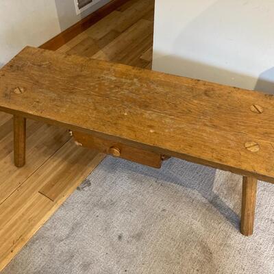 Primitive Oak Bench Style Coffee Table with Drawer