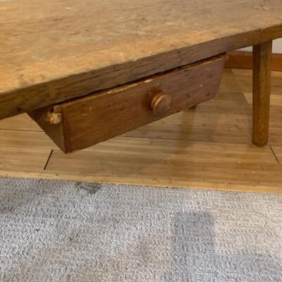 Primitive Oak Bench Style Coffee Table with Drawer