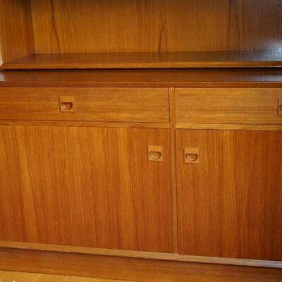 TEAK SIDEBOARD CABINET WITH SHELVES, SILVERWARE DRAWER CABINET / TWO DRAWERS