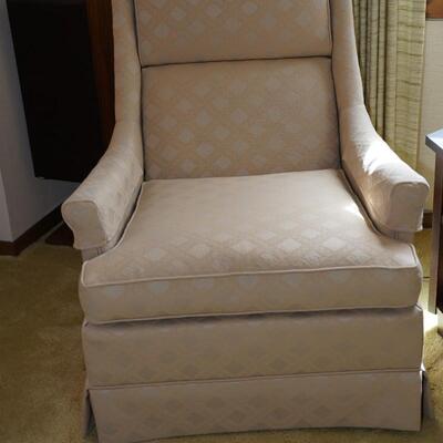 PAIR OF CLASSIC 1970'S REUPHOLSTERED HIGH BACK CHAIRS IN IVORY TONE PATTERN