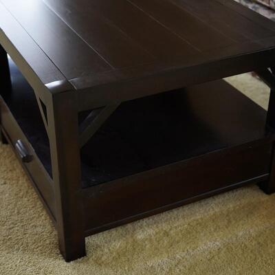 MODERN CONTEMPORARY STYLE BLACK FINISH COFFEE TABLE WITH DRAWERS AND SHELF.