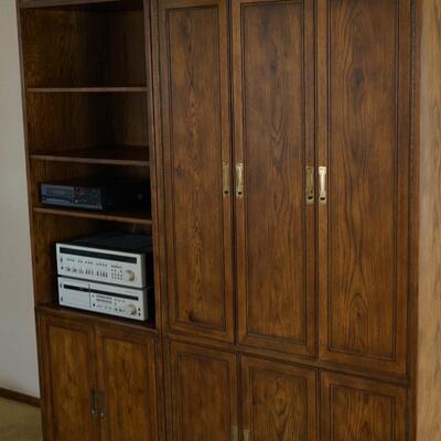 TWO PIECE DARK OAK  1970'S WALL UNIT. SHELF UNIT W/ CABINET , CABINET WITH BUILT IN BAR AND CABINET BELOW