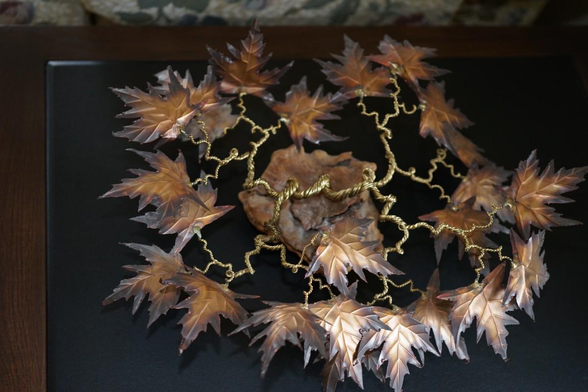 MID CENTURY STYLE COPPER LEAF ART ON A PIECE OF BURL WOOD
