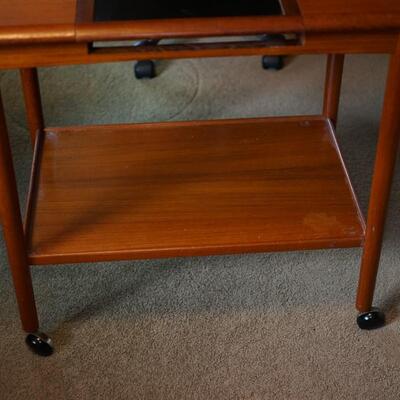 TEAK SERVING CART WITH SELF STORING SERVING TRAY