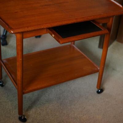 TEAK SERVING CART WITH SELF STORING SERVING TRAY