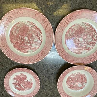 2 dinner plates, bread and butter and bowl Currier and Ives Royal Ironstone Red
