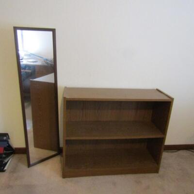 LOT 64  TWO SHELF BOOKCASE AND FULL LENGTH WALL MIRROR