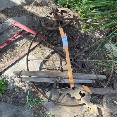 Vintage Wagon Wheels,  Bird Feeder, Vintage Cross Cut Buck Saw