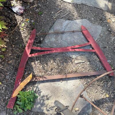 Vintage Wagon Wheels,  Bird Feeder, Vintage Cross Cut Buck Saw
