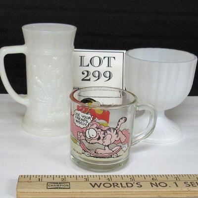 2 Milk Glass Pieces and Garfield Mug