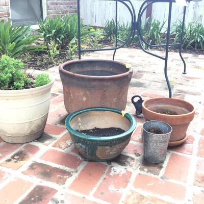 Patio table, iron dachshund and planters