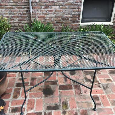 Patio table, iron dachshund and planters
