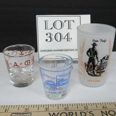 Union Pacific Rail Road Tumbler, Illinois Shot Glass, and Libbey Westward Ho Ranch Shot Glass