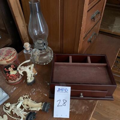 Asian figurines, oil lamp and more