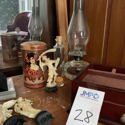 Asian figurines, oil lamp and more