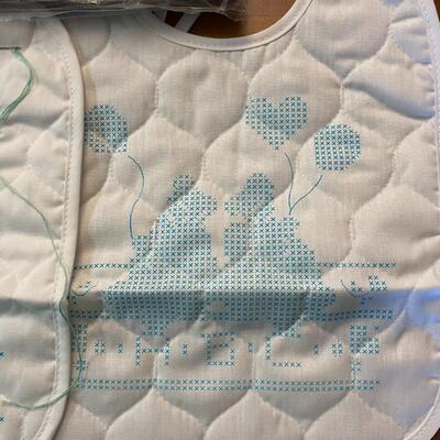 Lot of 2 stamped cross stitch kit baby bibs started