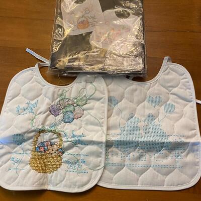Lot of 2 stamped cross stitch kit baby bibs started